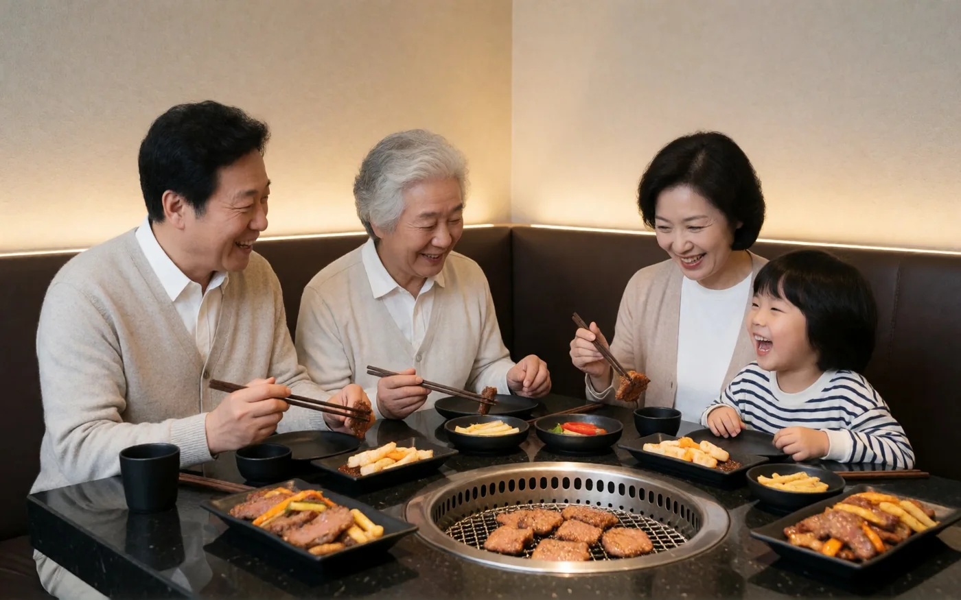 매립 그릴 테이블에 둘러앉은 삼대 가족 (연출 이미지)